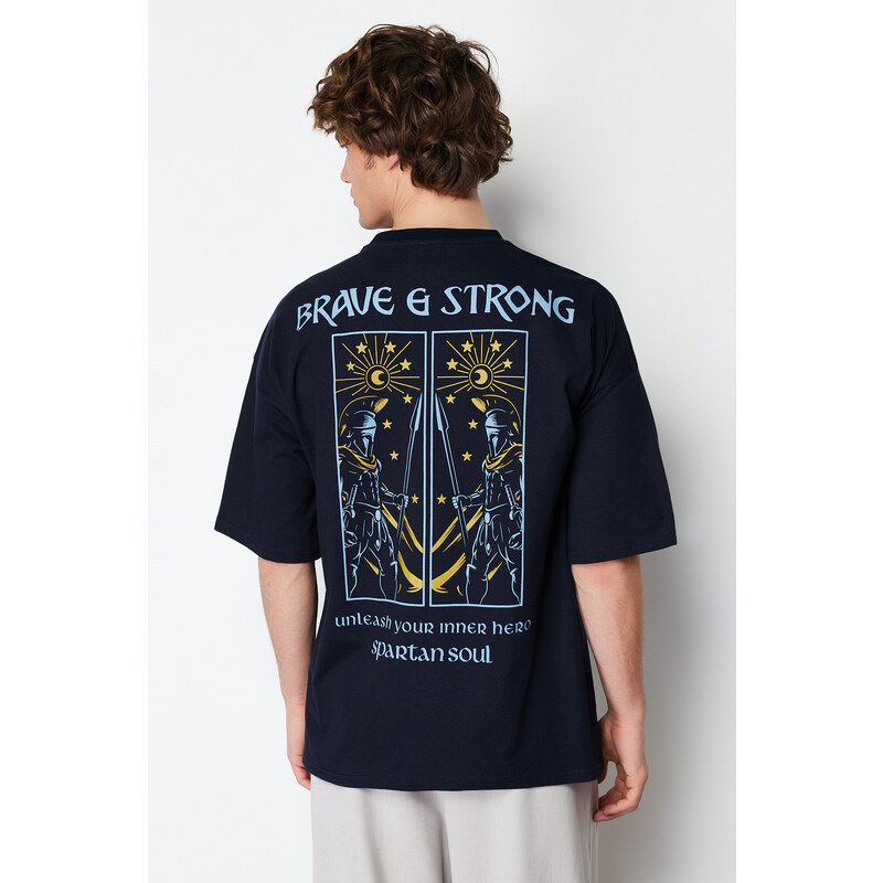 Trendyol Navy Blue Oversize/Wide-Fit Mystic Printed 100% Cotton Short Sleeve T-Shirt