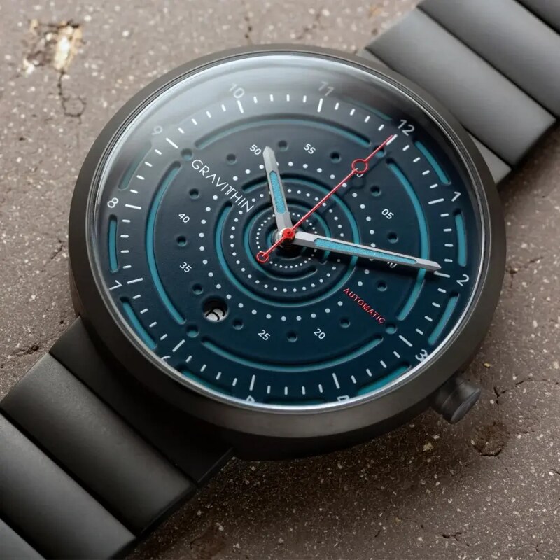 Gravithin Watches Černé pánské hodinky Gravithin s koženým páskem ArgoMatic Black 42MM Automatic