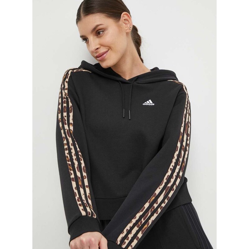 Bavlněná mikina adidas dámská, černá barva, s kapucí, s aplikací, IR9313