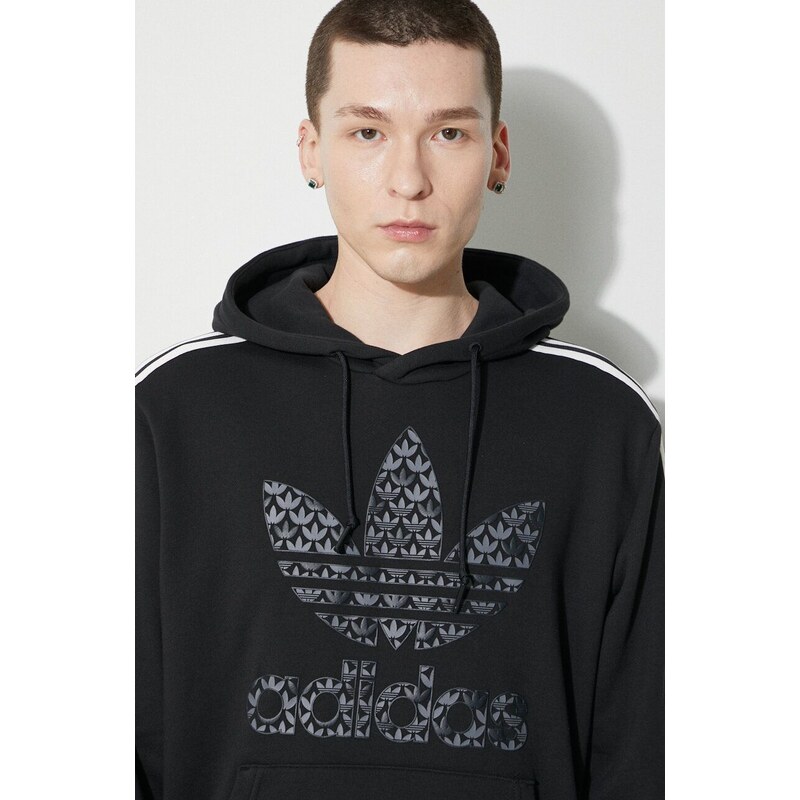 Bavlněná mikina adidas Originals pánská, černá barva, s kapucí, s potiskem, IS2933