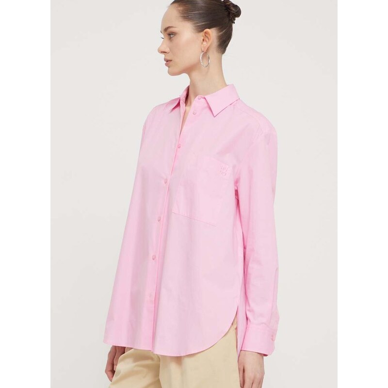 Bavlněná košile HUGO růžová barva, relaxed, s klasickým límcem