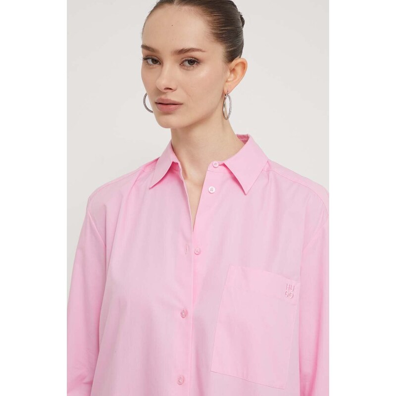 Bavlněná košile HUGO růžová barva, relaxed, s klasickým límcem