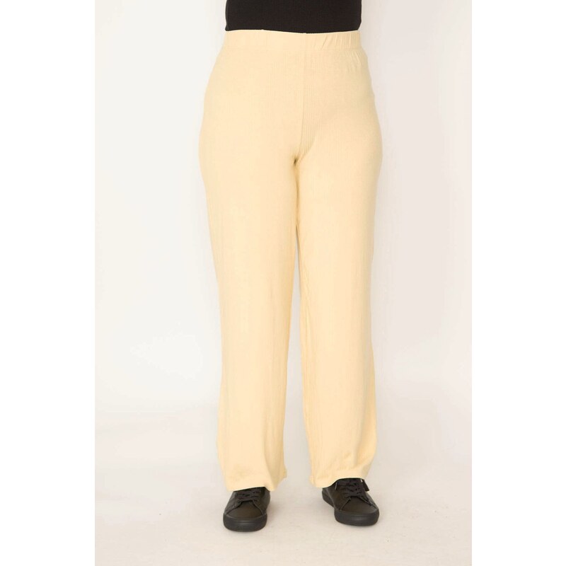 Şans Women's Plus Size Yellow Striped Elastic Waist Trousers