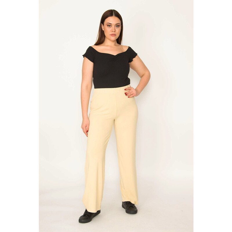 Şans Women's Plus Size Yellow Striped Elastic Waist Trousers