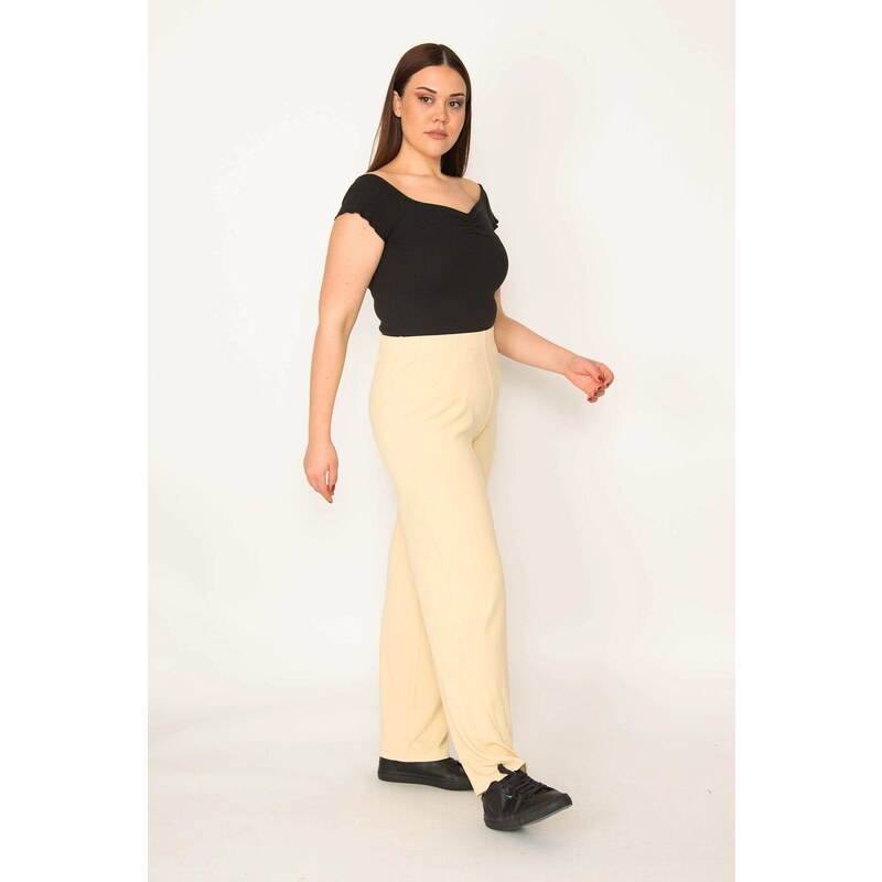 Şans Women's Plus Size Yellow Striped Elastic Waist Trousers