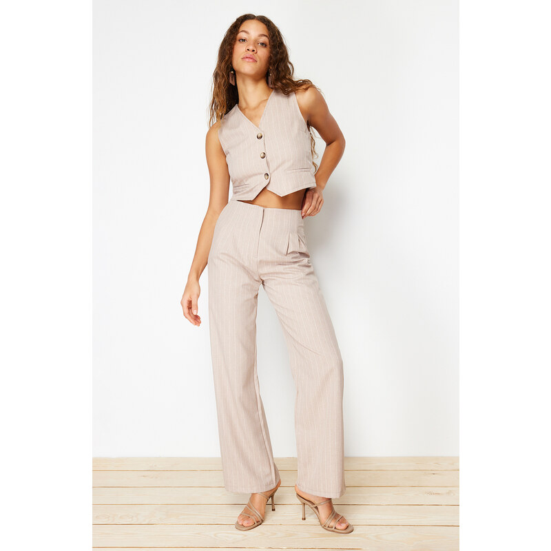 Trendyol Beige Wide Leg Striped Woven Trousers