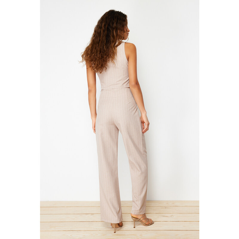 Trendyol Beige Wide Leg Striped Woven Trousers