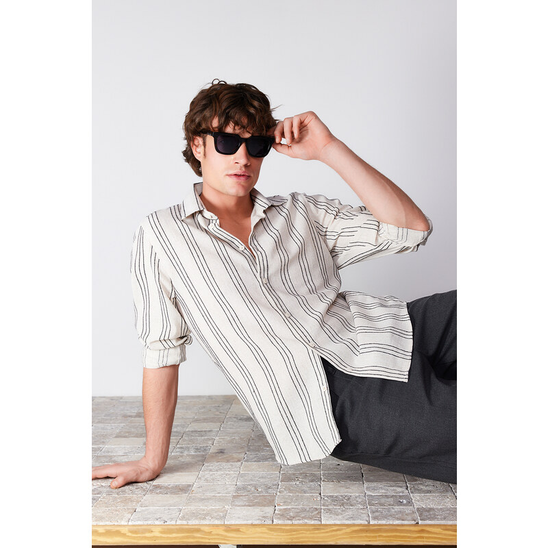 Trendyol Ecru Regular Fit Striped Etamine Shirt