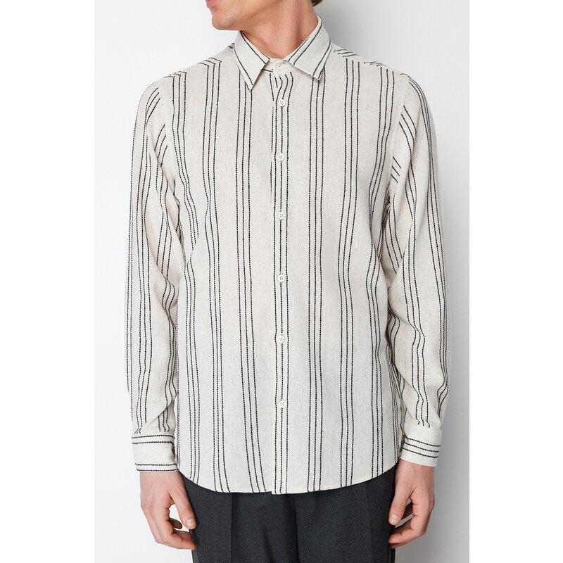 Trendyol Ecru Regular Fit Striped Etamine Shirt