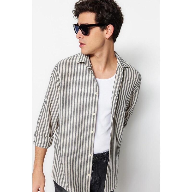 Trendyol Limited Edition Navy Blue Regular Fit Striped Textured Shirt