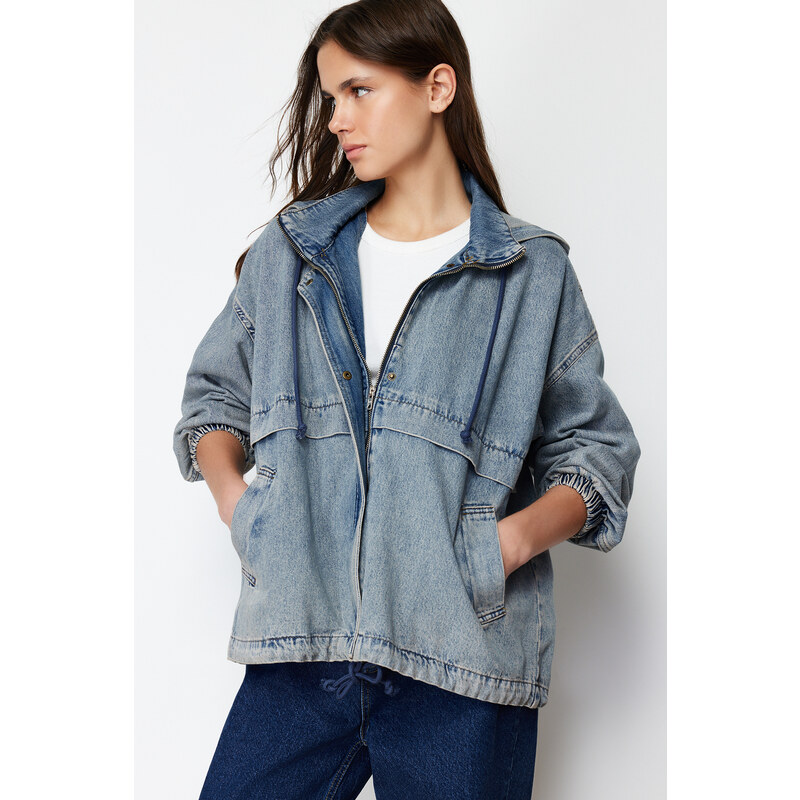 Trendyol Blue Hooded Oversize Denim Jacket