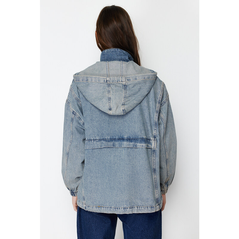 Trendyol Blue Hooded Oversize Denim Jacket