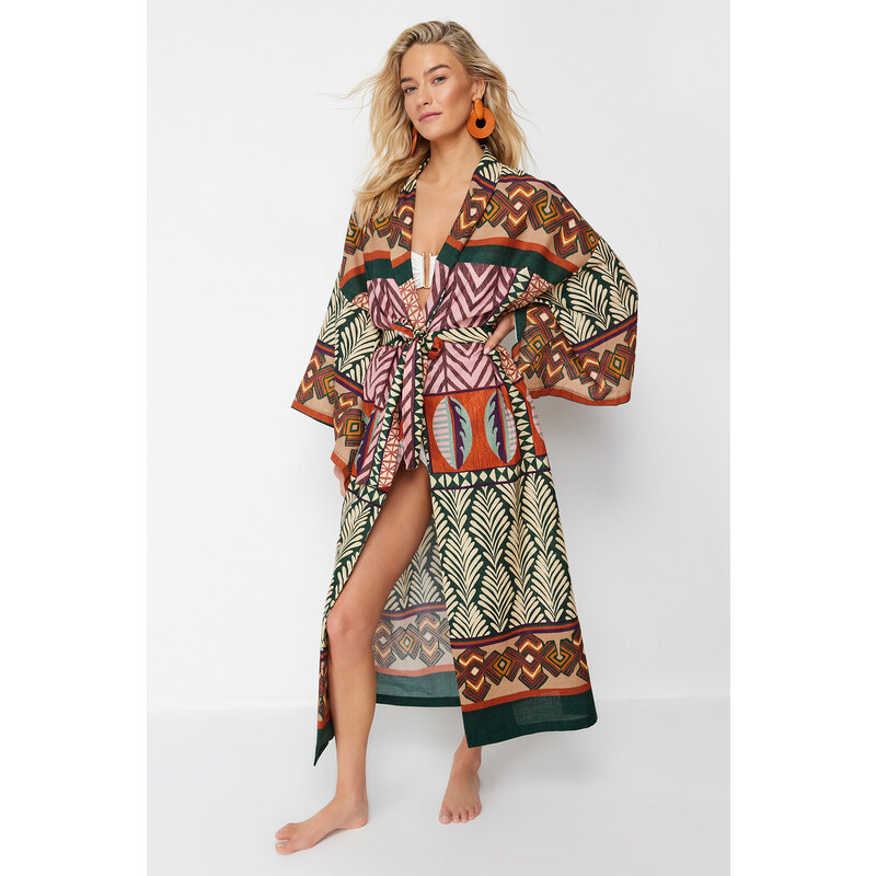 Trendyol Ethnic Patterned Midi Woven 100% Cotton Kimono & Kaftan