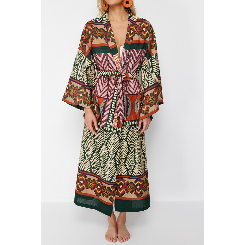 Trendyol Ethnic Patterned Midi Woven 100% Cotton Kimono & Kaftan