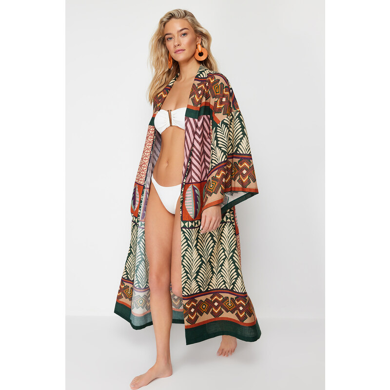 Trendyol Ethnic Patterned Midi Woven 100% Cotton Kimono & Kaftan