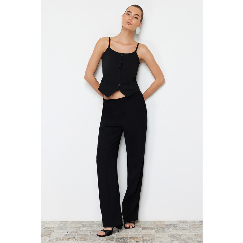 Trendyol Black Strappy Buttoned Flexible Crop Knitted Blouse