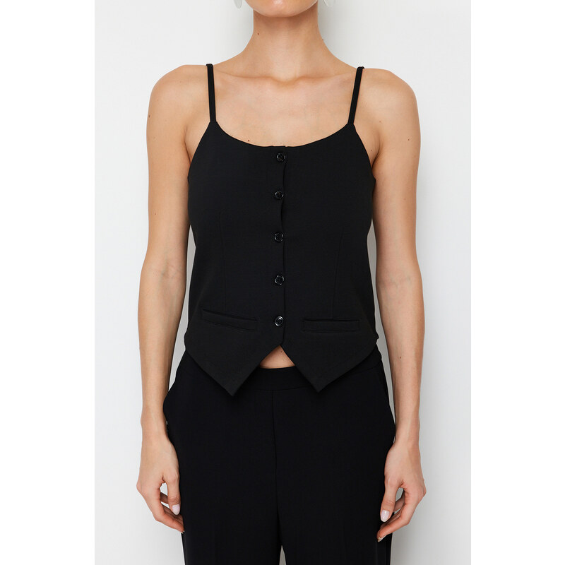 Trendyol Black Strappy Buttoned Flexible Crop Knitted Blouse