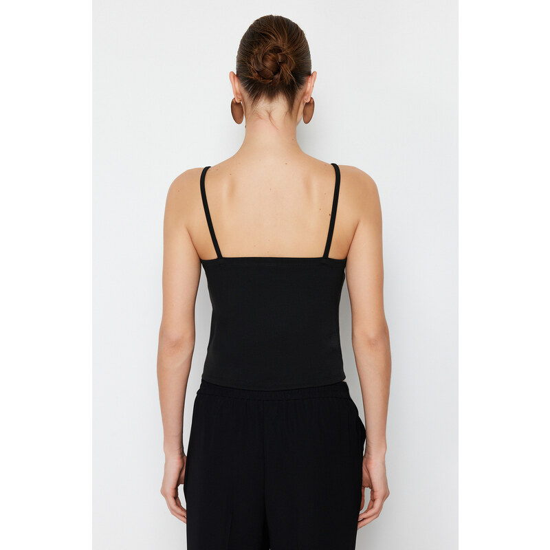 Trendyol Black Strappy Buttoned Flexible Crop Knitted Blouse
