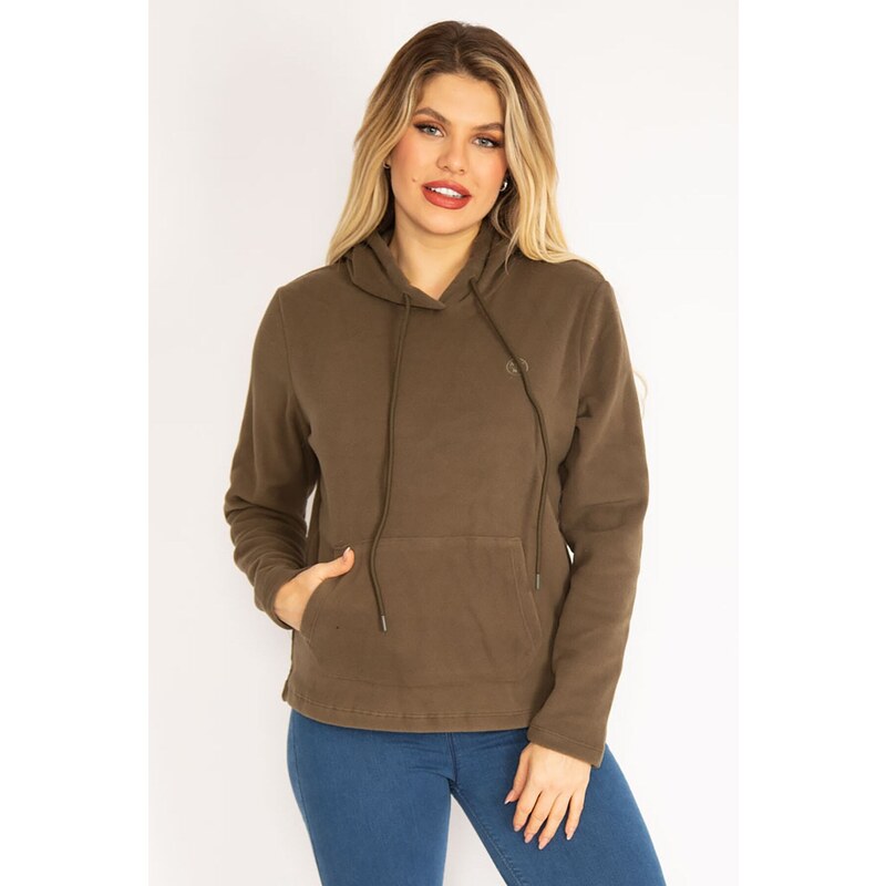 Şans Women's Plus Size Khaki Hooded Kangaroo Pocket Fleece Sweatshirt