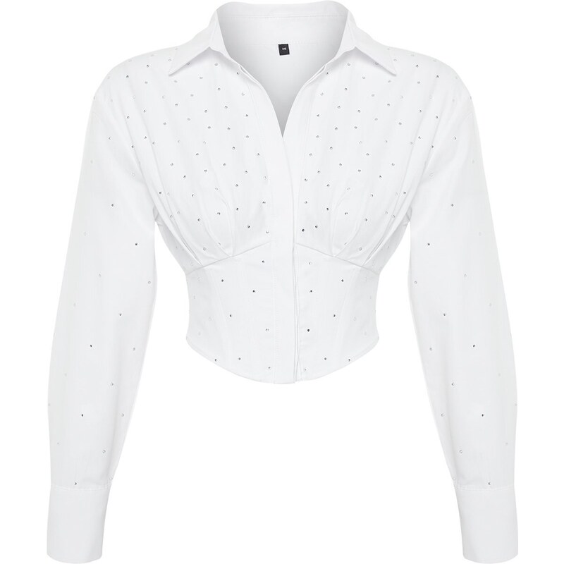 Trendyol Bridal White Body-Sitting Corset Detailed Shiny Jewelled Shirt