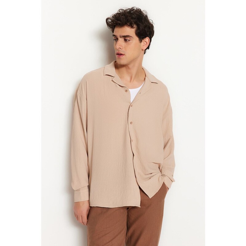 Trendyol Stone Oversize Fit Open Collar Summer Linen Look Shirt