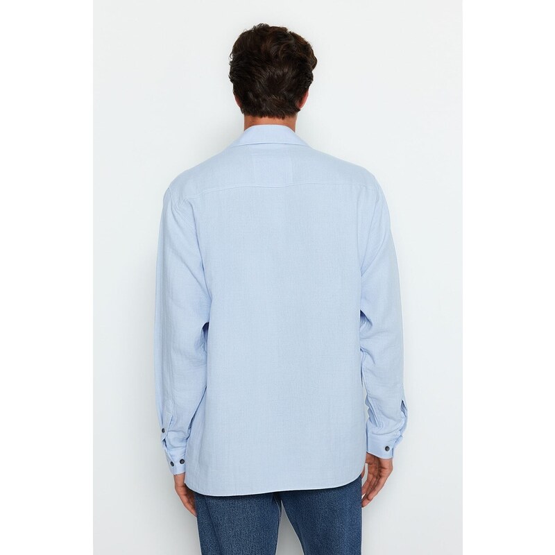 Trendyol Light Blue Men's 100% Cotton Relaxed-Fit Wide Fit Shirt with a Wrinkly Look
