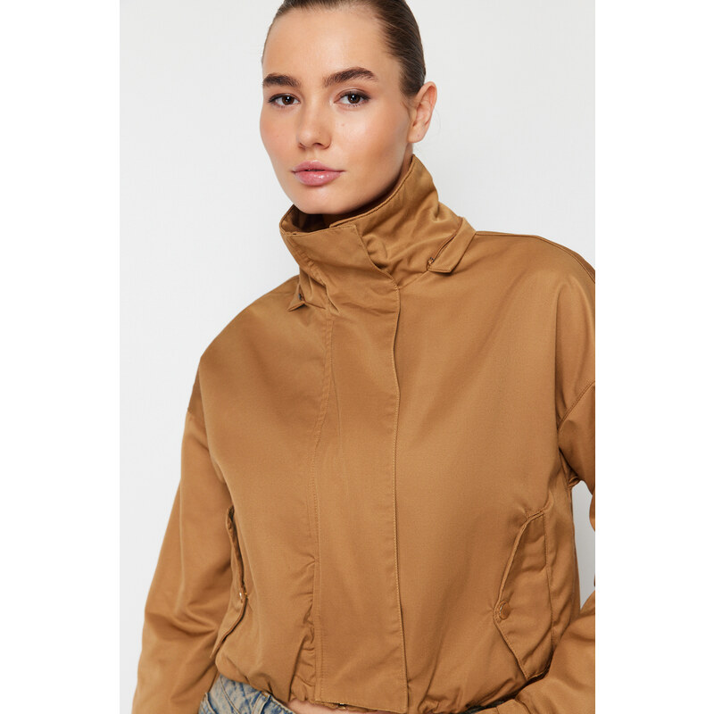 Trendyol Beige Oversize Crop Sleeve Curling Detailed Thin Raincoat Windbreaker Coat