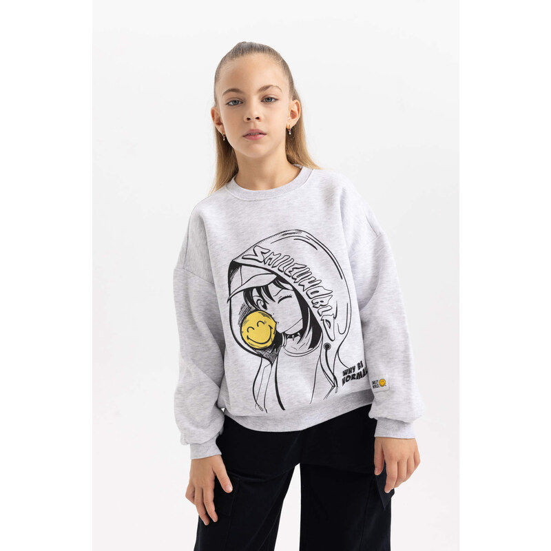 DEFACTO Oversize Fit Smiley Licence Crew Neck Sweatshirt