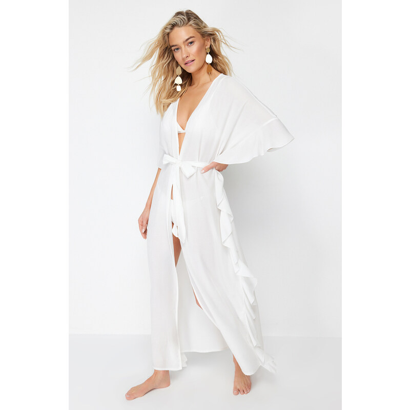 Trendyol Bridal Ecru Belted Maxi Woven Frilly Kimono & Kaftan