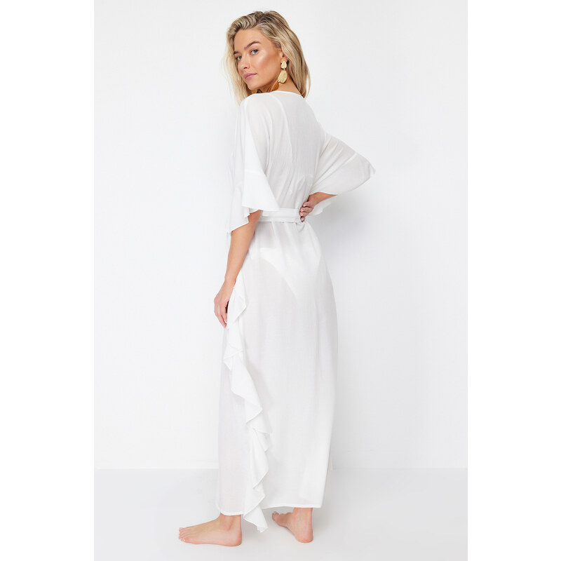 Trendyol Bridal Ecru Belted Maxi Woven Frilly Kimono & Kaftan