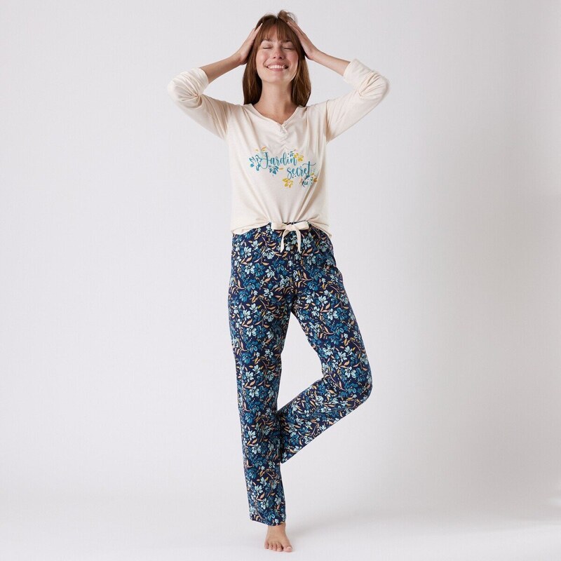 Blancheporte Pyžamové kalhoty s potiskem květin nám.modrá 52