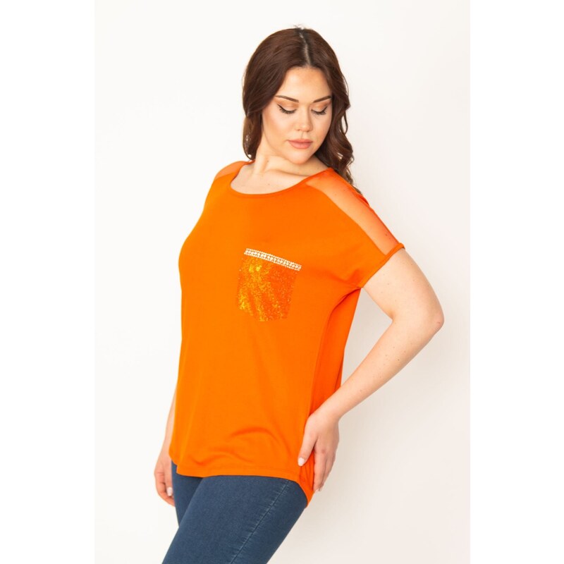Şans Women's Plus Size Orange Shoulders Tulle And Ornament Pocket Stone Detailed Low Sleeve Viscose Blouse