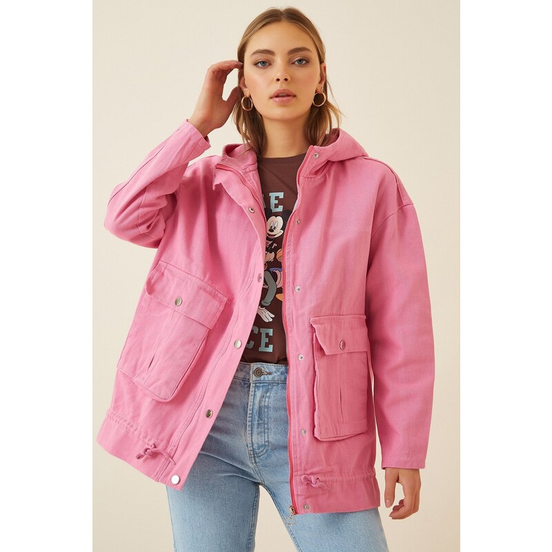 Happiness İstanbul Women's Pink Hooded Oversize Gabardine Coat RV0009