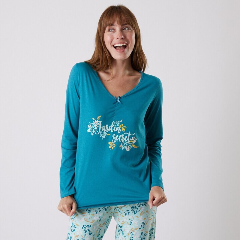 Blancheporte Pyžamové tričko s dlouhými rukávy a středovým potiskem "Jardin secret" smaragdová 54