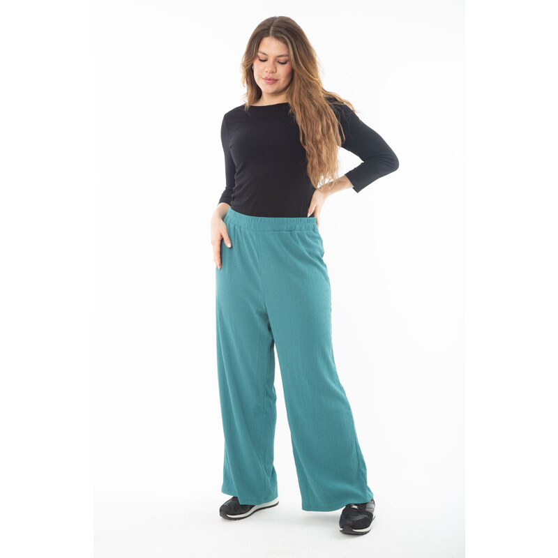 Şans Women's Plus Size Green Elastic Waist Wide Leg Crepe Trousers