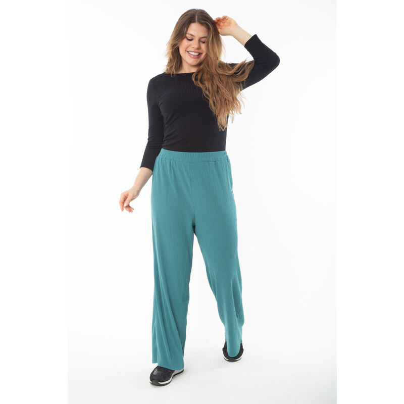 Şans Women's Plus Size Green Elastic Waist Wide Leg Crepe Trousers