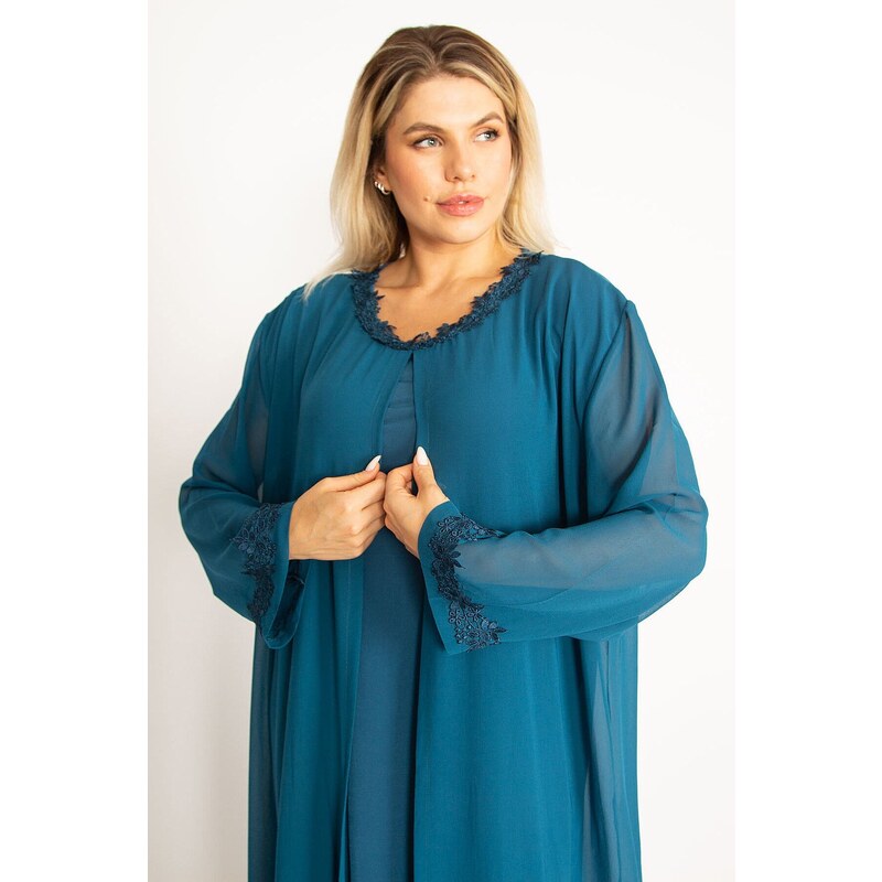 Şans Women's Plus Size Petrol Chiffon Evening Dress with Cape and Lace Detail