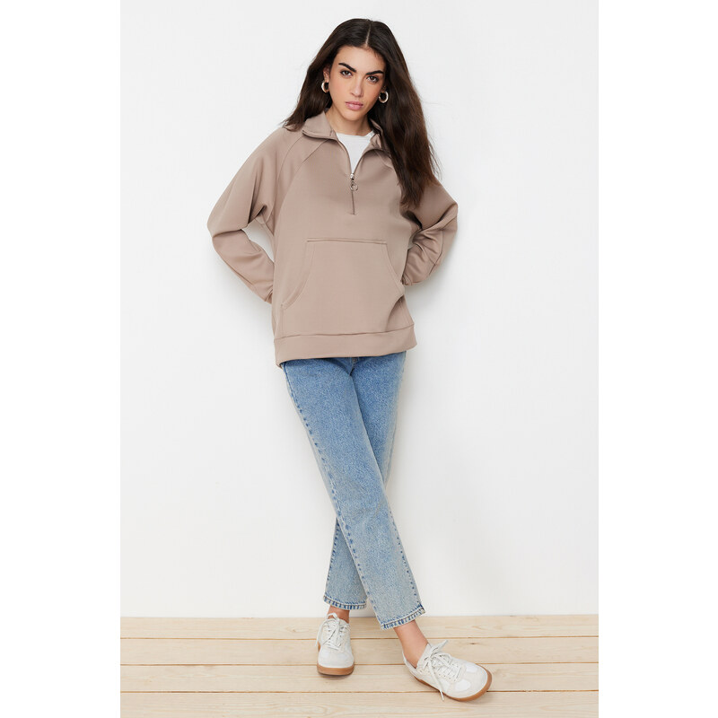 Trendyol Mink Kangaroo Pocket Zipper Detail Scuba Knitted Sweatshirt