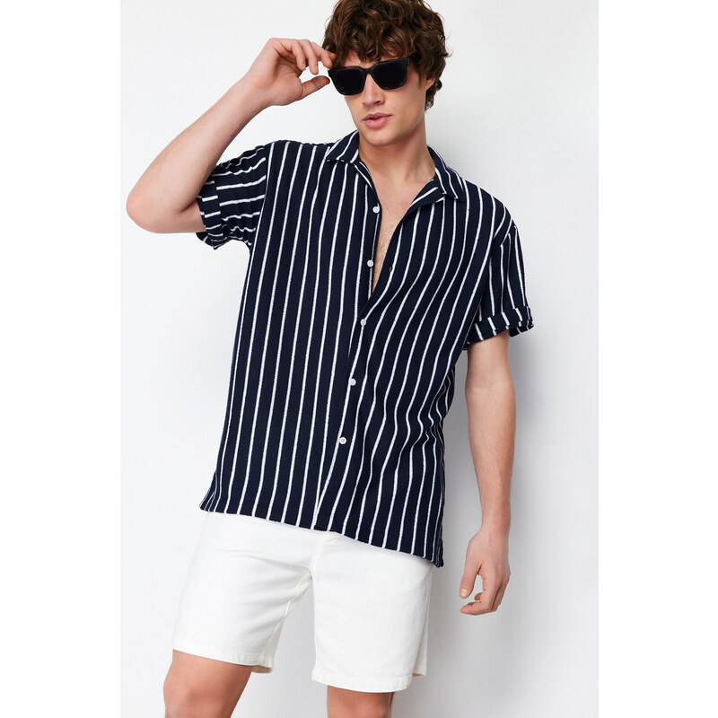 Trendyol Navy Blue Striped Relaxed Fit Knitwear Look Wide Collar Shirt