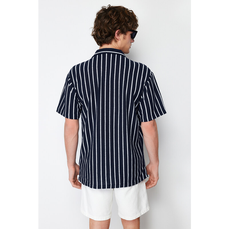 Trendyol Navy Blue Striped Relaxed Fit Knitwear Look Wide Collar Shirt