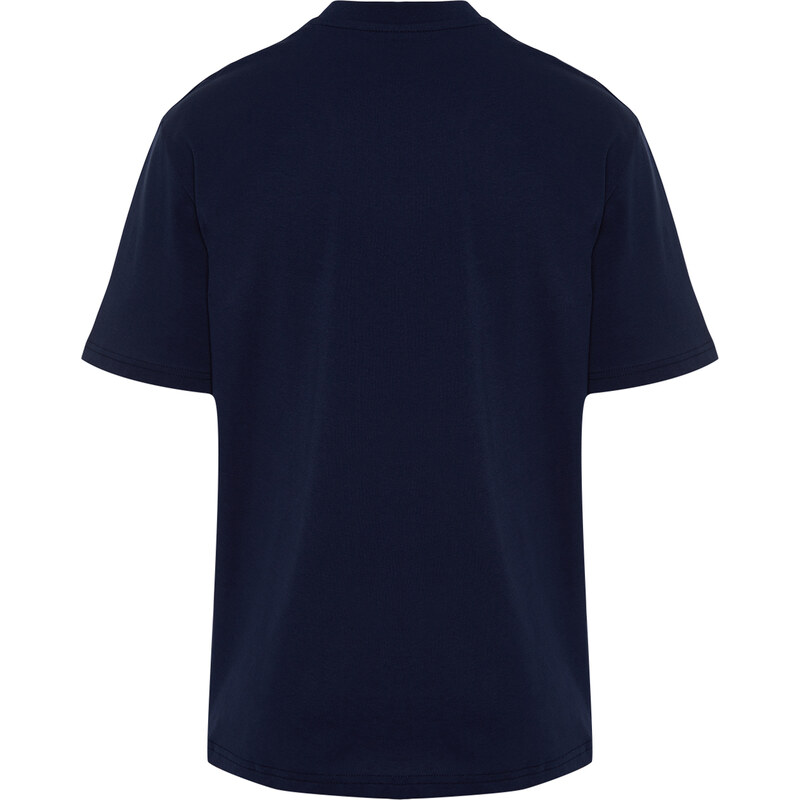 Trendyol Navy Blue Relaxed/Comfortable Cut Fluffy Landscape Printed 100% Cotton T-Shirt