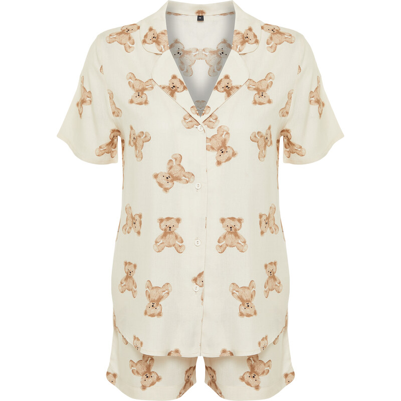 Trendyol Beige Teddy Bear Patterned Viscose Woven Pajamas Set