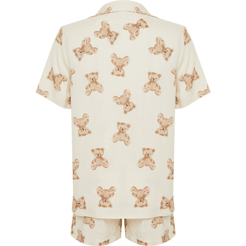 Trendyol Beige Teddy Bear Patterned Viscose Woven Pajamas Set