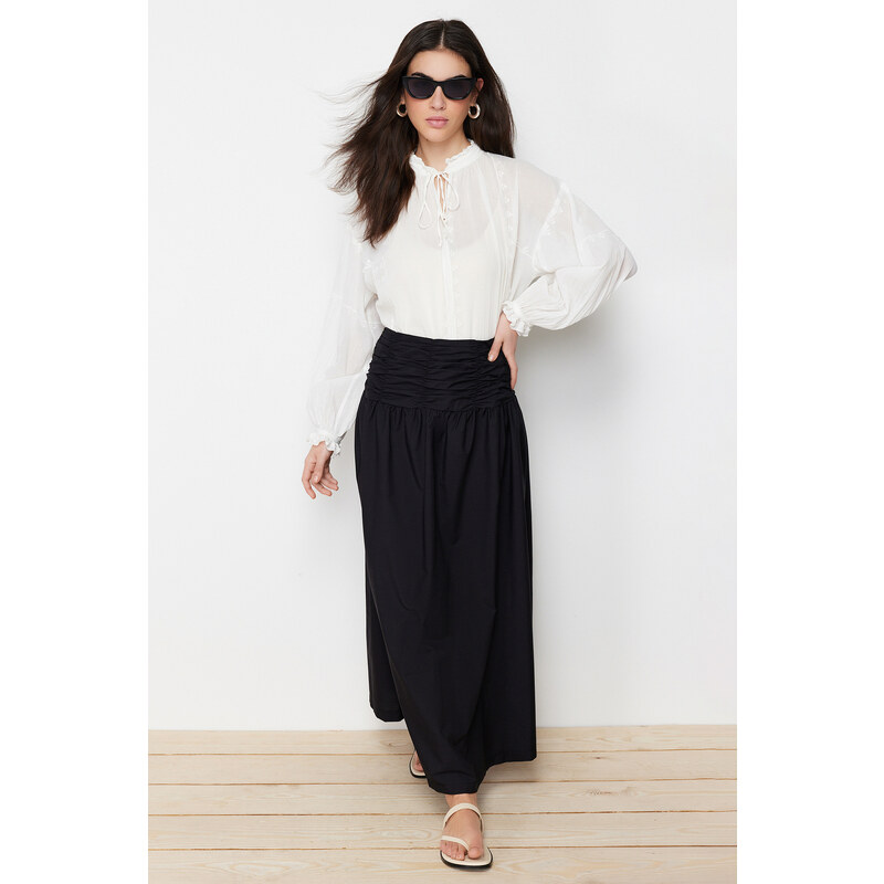 Trendyol Black High Waist Gathered Long Woven Skirt