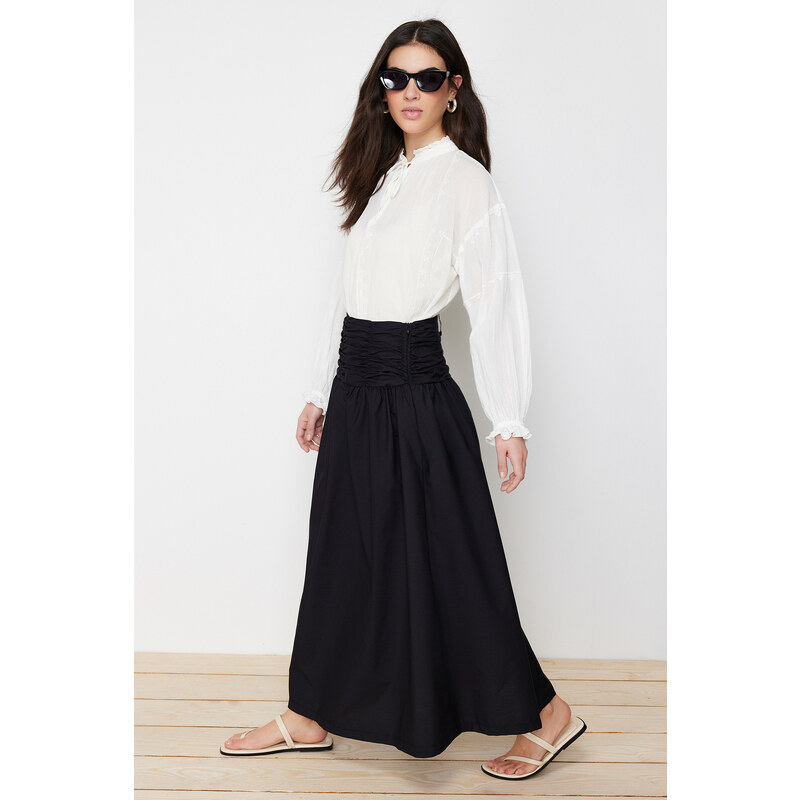 Trendyol Black High Waist Gathered Long Woven Skirt