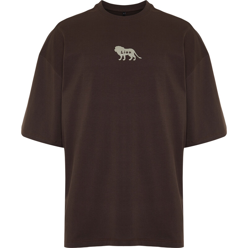 Trendyol Dark Brown Oversize Animal Embroidery Printed 100% Cotton T-Shirt