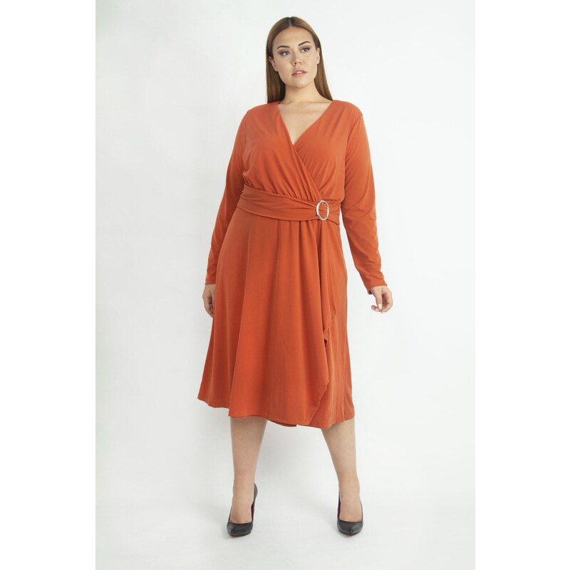 Şans Women's Plus Size Orange Waist Detailed Evening Dress