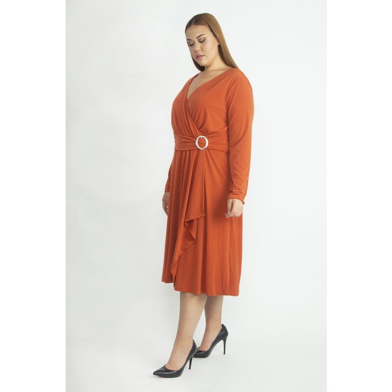 Şans Women's Plus Size Orange Waist Detailed Evening Dress
