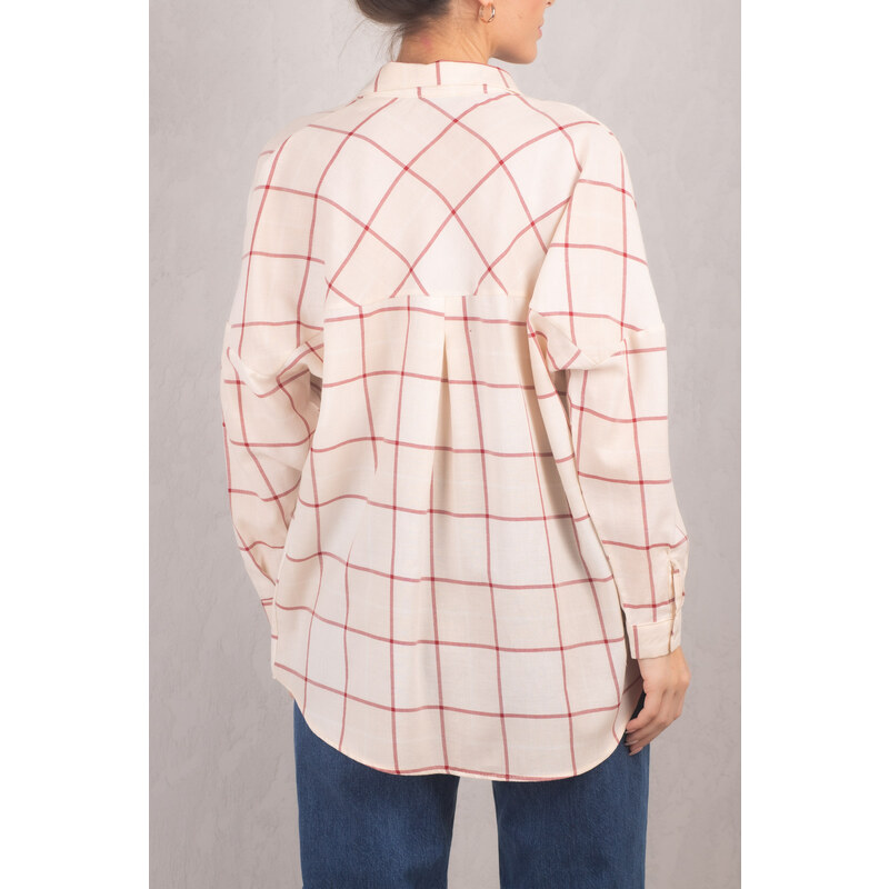 armonika Women's Cream Square Pattern Oversize Long Basic Shirt