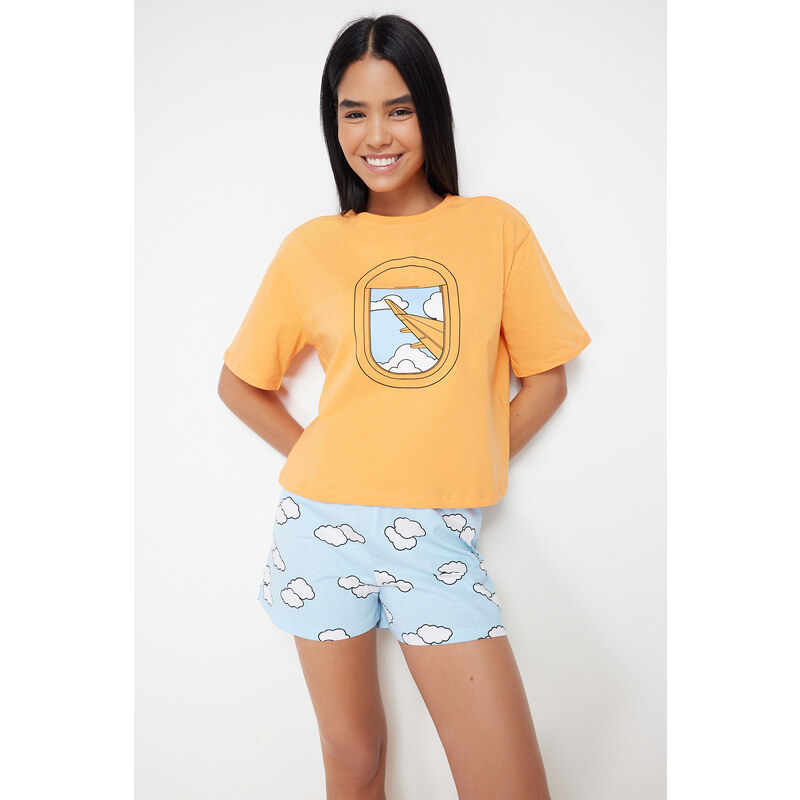 Trendyol Orange 100% Cotton Cloud Patterned Tshirt-Shorts Knitted Pajama Set